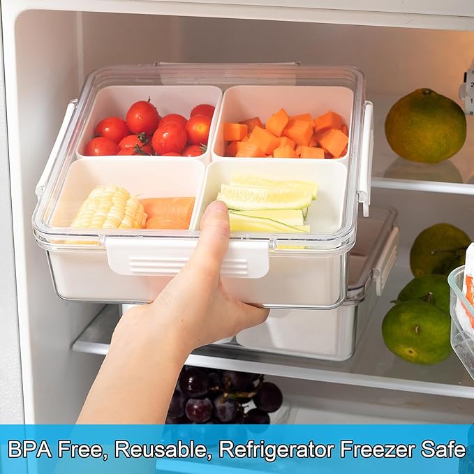 2pack Divided Serving Tray with Lid, 4 Compartment Removable Snack Boxes Fruit Food Storage Containers, Snackle Vegetable Veggie Box Plastic Organizer for Fridge (8.7x8.7x3.0, Clear and White)