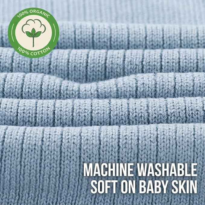 100% Organic Cotton Knit Receiving Baby Boy Blanket for Newborns - Soft, Breathable Swaddle Blanket for Crib & Stroller - Nursery Gift 2-Pack (Ribbed Ivory & Baby Blue)