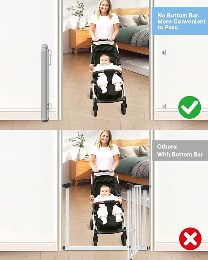 Retractable Baby Gate for Stairs - 55" Wide Mesh Dog Gate Indoor, Two-Step Safety Lock, 34" Tall Child Gate for Doorways, Hallways, Deck, Indoor Outdoor Garage, White