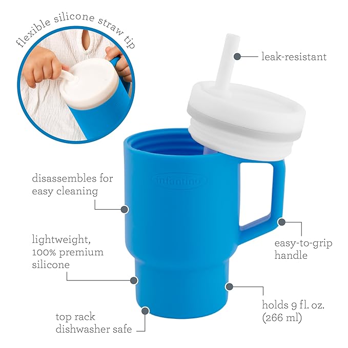 Infantino My 1st Tumbler, 9 Oz. Silicone Sippy Cup with Straw & Handle, Spill-Resistant Baby Cup for On-the-Go, BPA-Free Transition Bottle, Ocean
