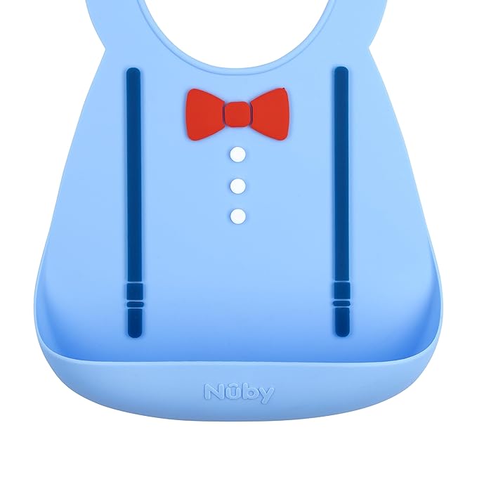 Nuby 3D Soft Silicone Baby Bib with Scoop - Silicone Bib for Toddlers and Babies 6+ Months - Suspenders and Bow Tie