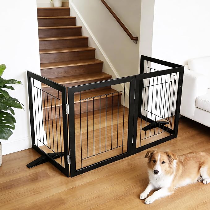Dog Fence Indoor - 4-Panel Freestanding Dog Gate for Doorways, Hallways, House or Stairs -80x32-Inch Retractable Foldable Expandable Wood Pet by SFJC (Black)