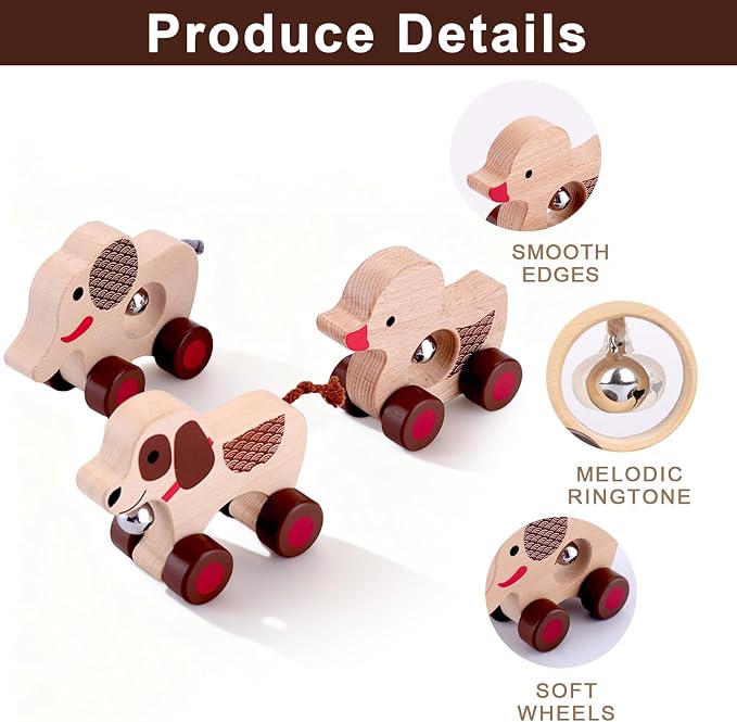 Wooden Animal Rattle with Bell - Baby Toys 6-12 Months & Toddler Toys 1-3 Years | Montessori Sensory Shakers, Nursery Decor Gift Set (Dog, Duck, Elephant)