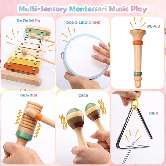 Wooden Musical Instruments Set for Toddlers 1??, Montessori Music Toys with Xylophone, Maracas & Tambourine, Soft Sound Indoor Percussion Toys, Early Learning Gift for Boys Girls
