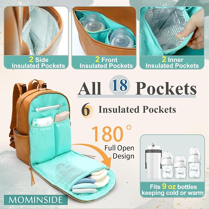 MOMINSIDE Diaper Bag Backpack Leather Diaper Bag with 6 Insulated Pockets, Baby Bag for Mom Dad, Baby Registry, Changing Pad, Stroller Straps,Diaper Backpack Diaper Bag Leather(Biscuit)