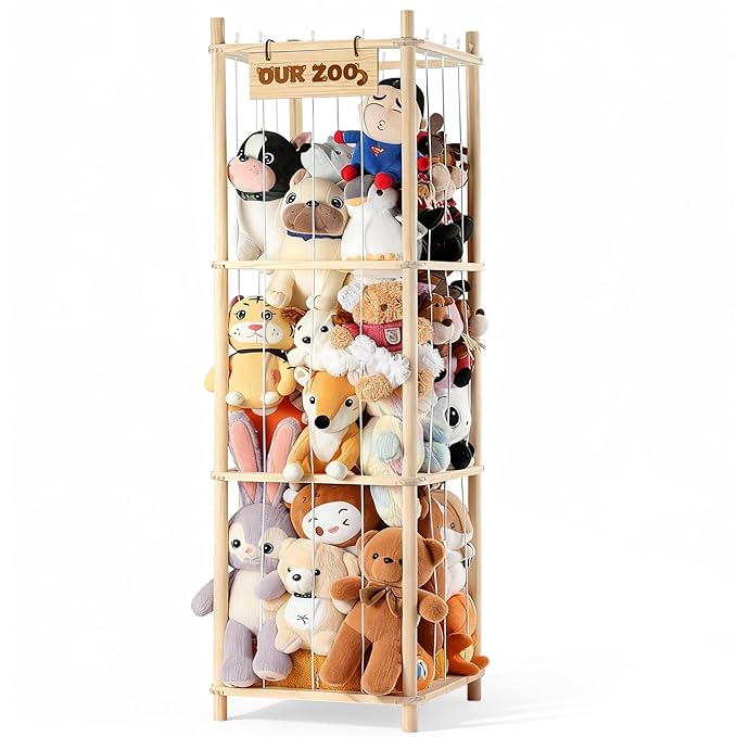 LAMU Stuffed Animal Storage, Wooden Zoo Stuffed Animal Holder with Elastic Cords, Space Save Toy Organizer, Extra Large Capacity Stuffed Animal Organizer for Playroom, Bedroom, Nursery