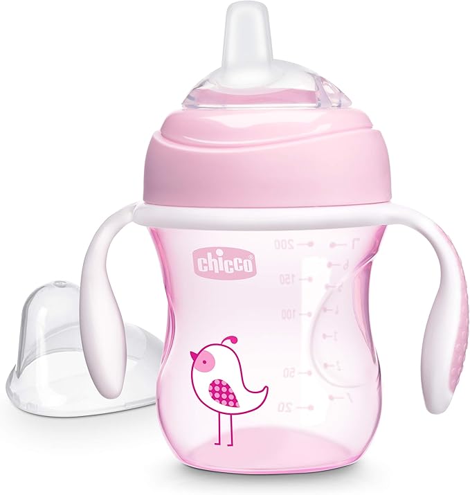 Chicco Transition Sippy Cup with Silicone Spout and Spill-Free Lid 7oz. | Calibration Markings | Removable Handles | Top-Rack Dishwasher Safe | Easy to Hold with Ergonomic Indents | Pink | 4+ months