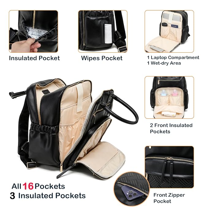 Leather Diaper Bag Backpack for Women with Multiple Pockets,Laptop Compartment and Changing Pad.