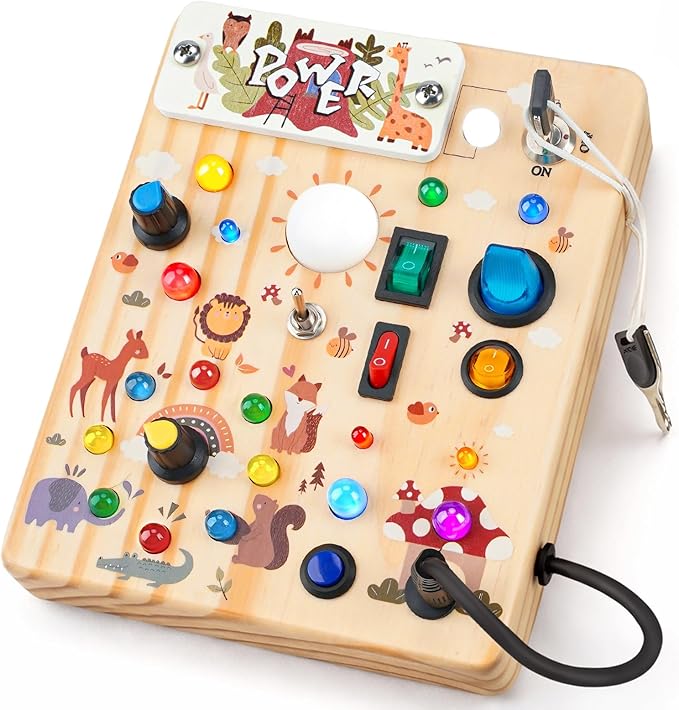 Busy Board for Toddlers 1-3 - Montessori Educational Sensory Toy with 10 Switches & 19 Lights, Activity Board for Fine Motor Skills, Travel Toys for 1+ Year Old Boy & Girl Birthday Gift（Forest Theme）
