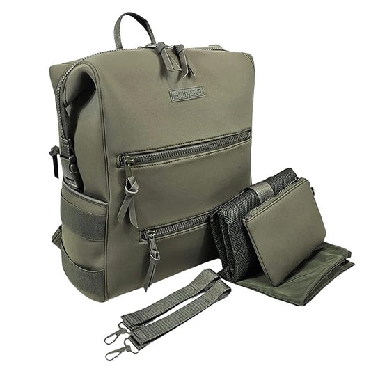 BUNSO Baby Neoprene Diaper Bag, Minimalist Backpack Diaper Bag with Pouch, Changing Pad, and Stroller Straps, Water Resistant and Lightweight Dad Diaper Bag, Diaper Bag Backpack - Olive