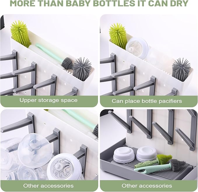 Hranio Baby Bottle Drying Rack Baby Bottle Organizer Drying Rack Space Saving Foldable Dish Can Dry Up to 12 Bottles Large Vertical for Infant Accessories & Pump Parts (Gray)