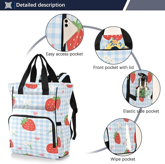 Custom Name Strawberry Heart Blue Gingham Diaper Bag Large Cap Mom Dad
