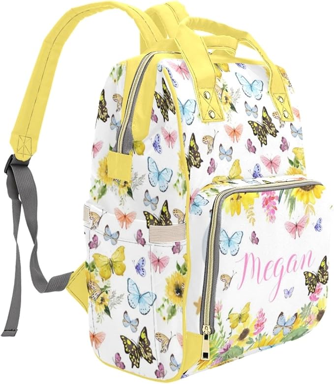 Customized Sunflower Butterfly Diaper Bag for Boys Girls Baby, Personalized Mommy Daypack with Name, Nylon Waterproof Backpack for Travel, Custom Gift for Women