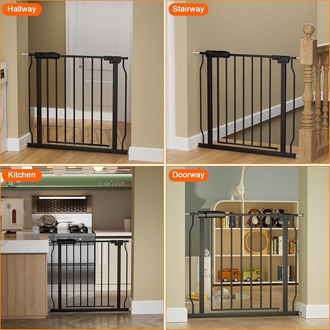 Narrow Baby Gates for Stairs Doorways Auto Close Tension Black Metal Child Pet Safety Gates with Pressure Mount 24-29 Inch Wide