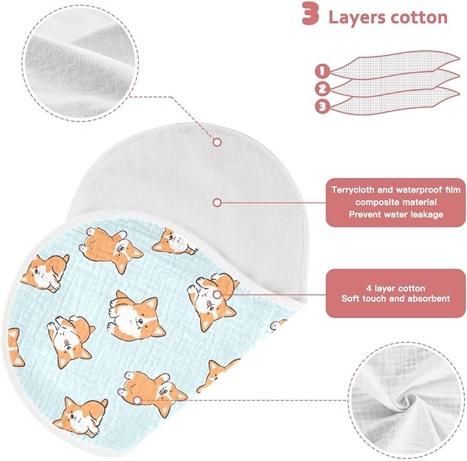 Muslin Baby Burp Cloths, Cute Corgi Dog Muslin Washcloths Baby Bibs Rags Comfy Soft Absorbent in for Newborn Boys and Girls 4 Piece 22 x 11 Inch