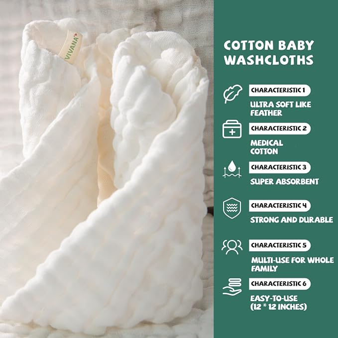 Baby Muslin Washcloths -6 Layer Soft Absorbent Face Towel - Natural Newborn Wipes for Delicate Skin - Baby Registry as Shower