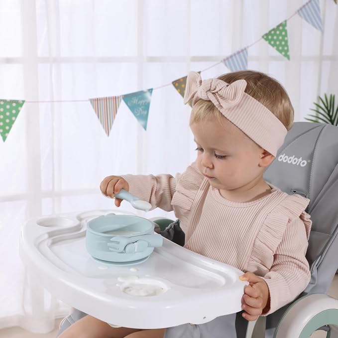 Dommy Silicone Strong Suction Baby Bowl with Spoon & Fork, Silicone Tableware for 6M+ Babies, Suction Bowl with Lid, Ideal Baby Gift Set for Solid Food Adding,Chalk Blue