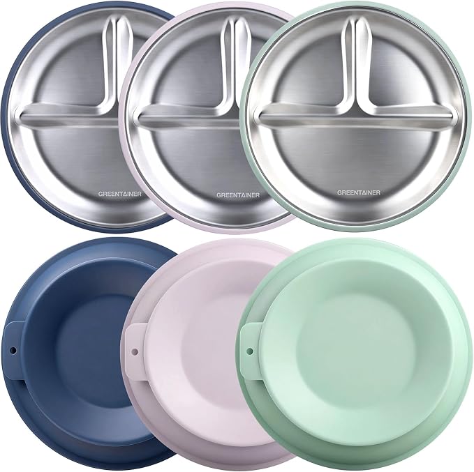 Greentainer 3 Pack Stainless Steel Baby Suction Plates, Divided Toddler Plates with Removable Silicone Sleeves, Unbreakable Kids Dishes for Dinner & Snack, Non-Toxic, Dishwasher Safe