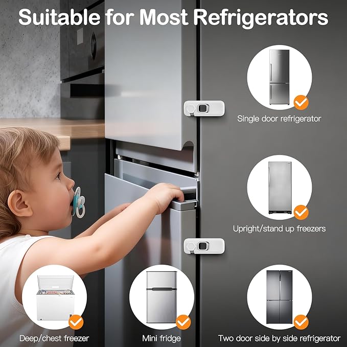 Fridge Locks for Kids with Strong Adhesive, 2 Pack Pet&Child Proof Refrigerator Lock for Kids to Keep Door Closed, Freezer Lock for RV Refrigerator, Garage Fridge, Upright Freezer, Mini Fridge, White