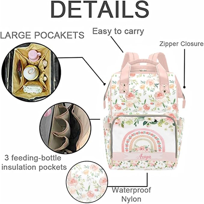 Custom Diaper Bag with Name Personalized Floral Rainbow Nylon Travel Backpack for Holiday Travel Customized Nappy Changing Bag with Pockets for New Mom