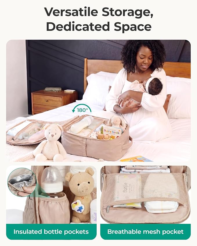 BAGSMART Baby Diaper Bag Backpack, Lightweight Puffy Diaper Bag with Insulated Pockets& Pacifier Case, Travel Stroller Straps with Waterproof Changing Pad, Green