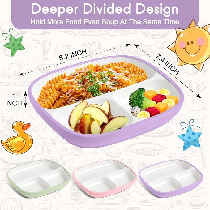 Domensi 3 Sets Kids Porcelain Plates with Silicone Sleeves 8.2 Inch Divided Porcelain Plate Toddler White Suction Dishes for Baby Troubleless Eating Microwave Dishwasher Safe (Classic)