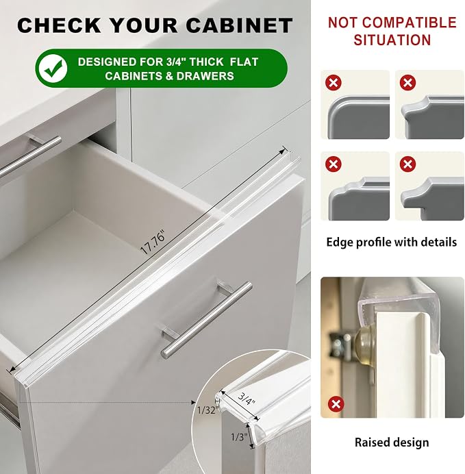 Cabinet Protectors for Kitchen Cabinets, Cabinet Door Protector Trash Drawer Protector Edge Guard, Plastic Slip on Protectors for Cabinets– 3/4" Thick, 18" Length