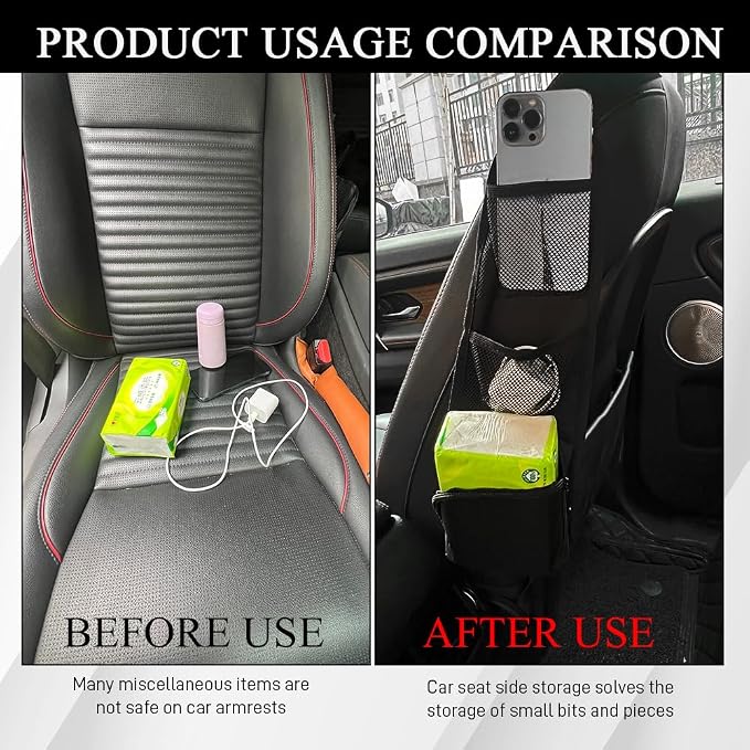 Car Seat Side Organizer, Seat Side Storage Pocket, Multifunctional Mesh Net Pocket, Car Multi-Pockets Backseat Organizer Side Hanging Bag for Storage Coins, Cell Phones, Glasses (Black, 1PCS)