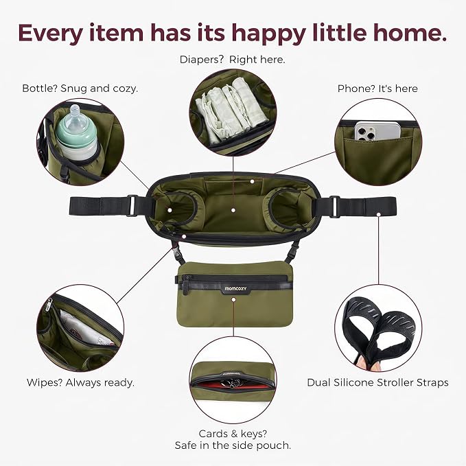 Momcozy Universal Stroller Organizer, Slim Stroller Caddy with 2 Insulated Cup Holders, Non-Slip Silicone Straps, Detachable Mini Pouch, Dense-Weave Parent Console for UPPAbaby, Doona, Graco & More