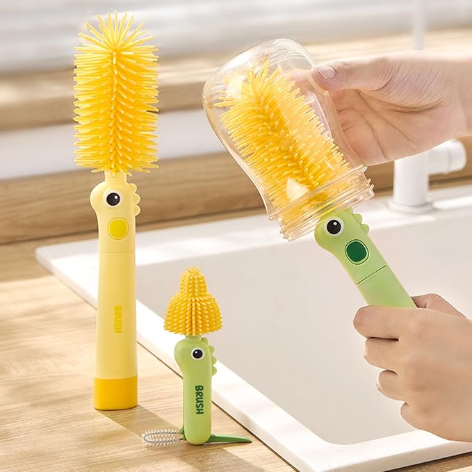 2Pcs Bottle Brush Cleaning Set Silicone Cleaner Brushes for Mason jar,Water Bottles,Baby Bottles,Tumblers,Drinking Glasses Multifunctional Portable Cute (Yellow) Small Cup Scrubber