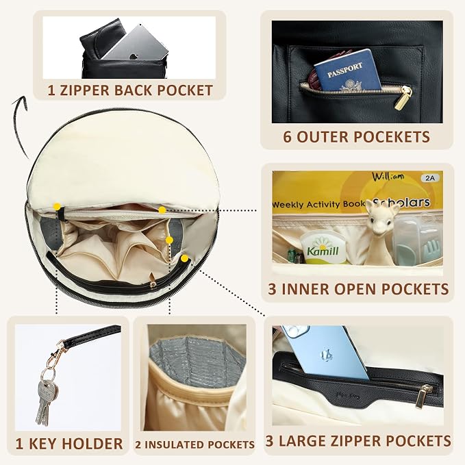 miss fong Leather Diaper Bag Backpack, Backpack Diaper Bag with Changing Pad(Regular + Mini)