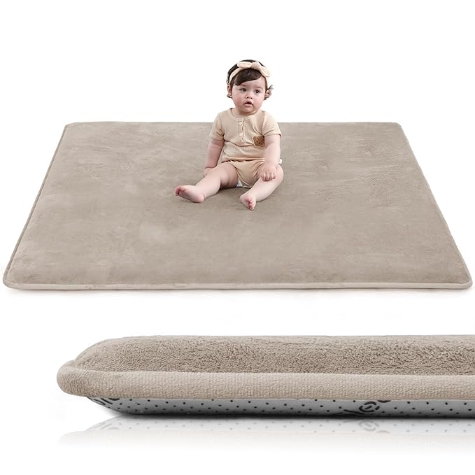 Baby Play Mat for Floor,1.3" Thick Elasti-Foam 50"×50" Playpen Mat for Tummy Time,Water Repellent Soft Coral Velvet for Toddler,Infant,Kids,Non-Slip Backing Safe for Crawling(Beige)