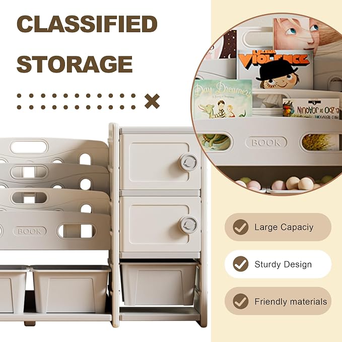 Kids Toy Organizer with 6 Storage Bins, Toy Organizer and Storage for Kids’ Toys, Children Toy Storage Organizer for Playroom, Kids Room, Nursery Room (Grey Large)