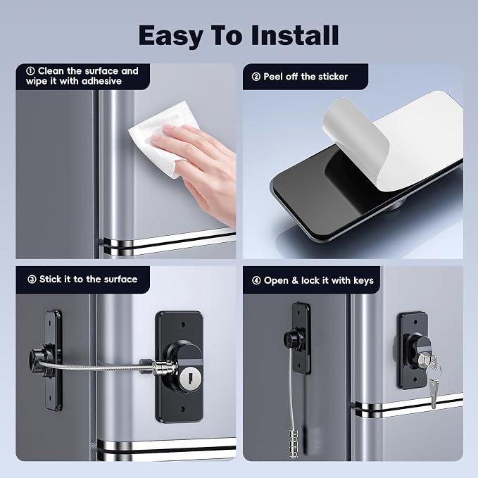 4 Pack Refrigerator Door Lock with Adhesive, No Tools Required, Child Proof Fridge Door Lock for Kids and Pets, Self Adhesive Latch for Freezer, Cabinets, Drawers, Windows (Patent)