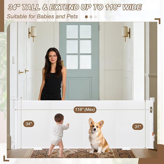 Reinforced 118" Wide Retractable Gate with Reinforced Strips, Indoor/Outdoor Retractable Dog Gate for Doorway Prevent Bottom Drilling Through, Safety Mesh Gate, White