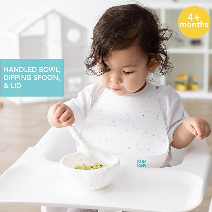 Bumkins Baby Bowls, Silicone Baby Feeding Set, Suction Bowls for Baby and Toddler with Spoon and Lid, First Feeding Set, Platinum Silicone Bowl for Babies 4 Months