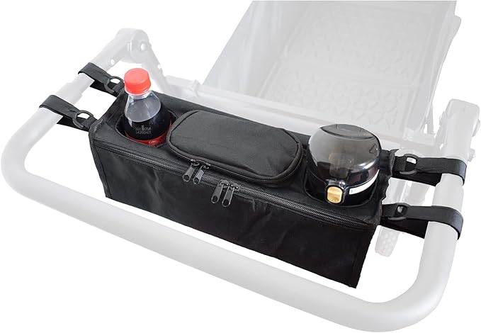 Non-Slip Organizer for Wagon, Parent Console Caddy with Cup Holders Universal for Folding Kids Pet Stroller Adjustable Straps Zippered Pockets Storage Phone Bag Attachment Accessories Black