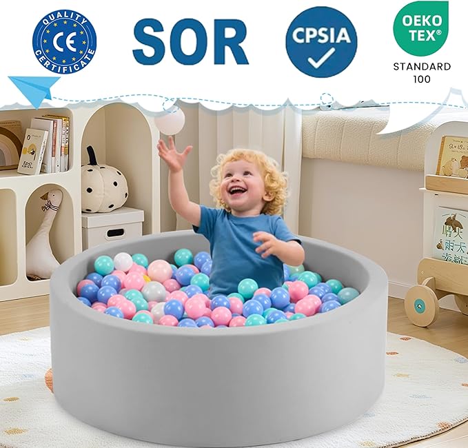 47.2" x 15.7" Foam Ball Pit for Toddlers, Baby Round Balls Pool for Babies 1-3, Kids Play Ball Pits for Boys and Girls, Balls Not Included, Grey