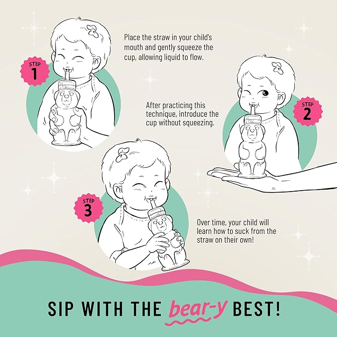 Legendairy Milk Honey Bear Straw Cup for Baby & Toddler, Silicone Squeeze Training Straw Cup, Leak Resistant Baby Sippy Cup with Straw, BPA Free, Dishwasher Safe, Bottle Transition, 8 oz, Pink