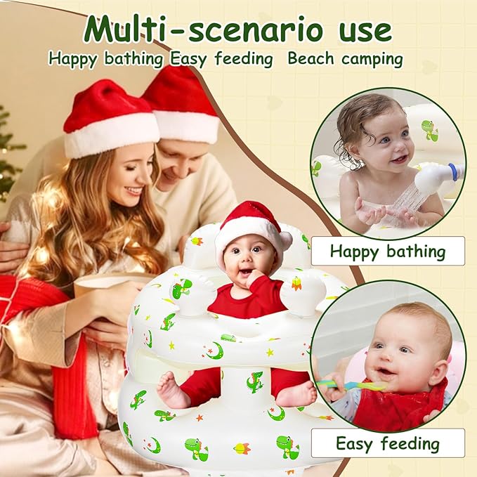 Inflatable Baby Seat for Babies 3-36 Monthsï¼?Squeaky Sound & Anti-Fall Design] Inflatable Chair with Sound-Making Ears, Baby Seat for Sitting-Up Practice, Built-in Air Pump (Ear Dinosaur)