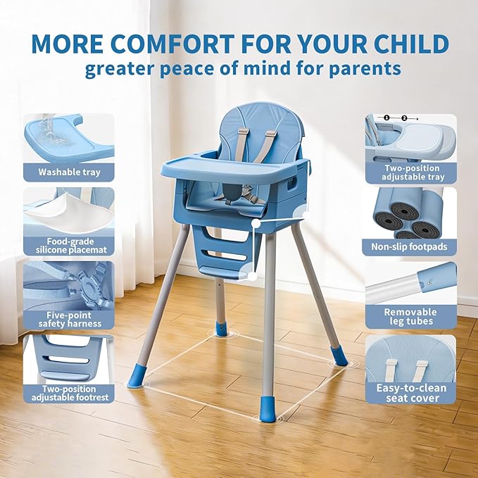 3 in 1 Convertible High Chairs for Toddlers 1-3 Baby Feeding Chair with Tray Wipeable Infant Highchair Sit Up High Chair for Babies and Toddlers with 5-Point Safety Harness & Cushion Blue