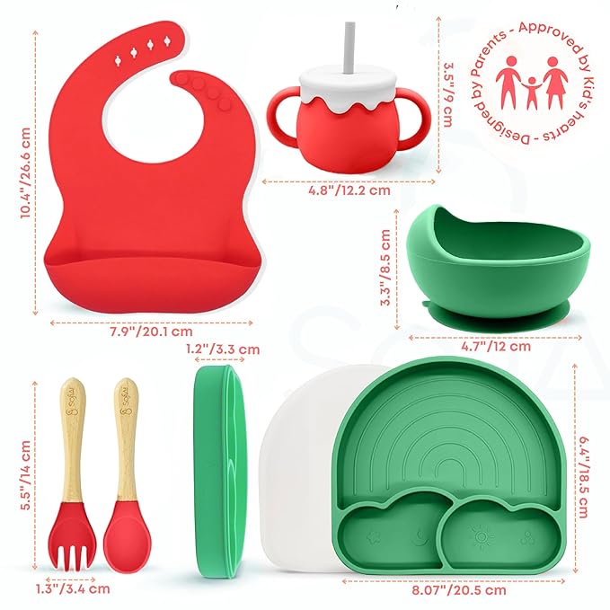 All In One Silicone Feeding Set - Safe for 6-12 Months - Non-Toxic Baby Led Weaning Supplies - Toddler Self Feeding Utensils - BPA-Free - Mess Free Essentials
