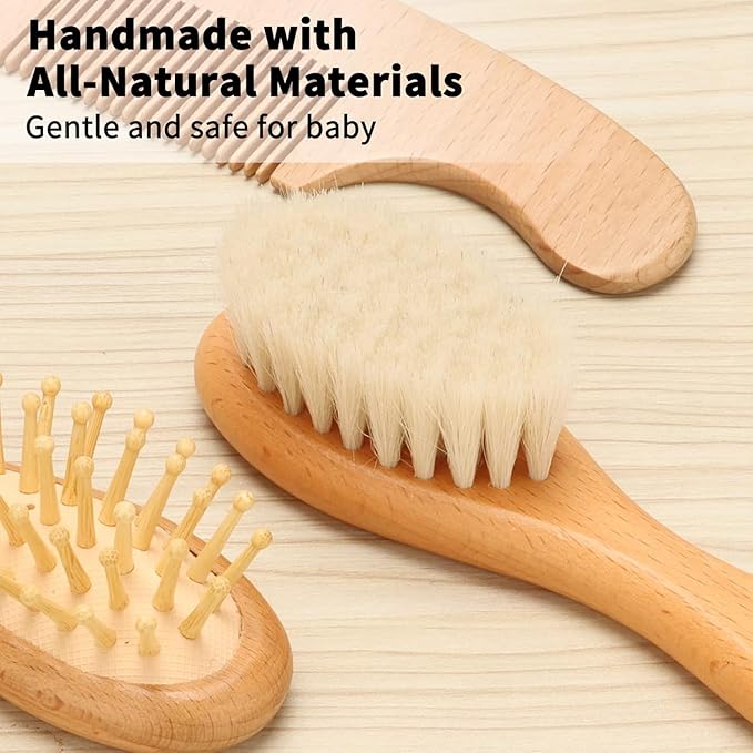 Goat Baby Hair Brush Set, Wooden Comb Massage Scalp Comb, Safe Natural Hair Care Kit, Soft Silicone Bath Brush for Newborns Toddlers (Brush Set+ Green Massager)