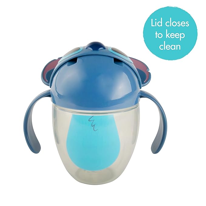 The First Years Disney Stitch Weighted Straw Cup - Spill Proof Toddler Straw Cups with Flip Top Cover - Transition Sippy Cups - Toddler Feeding Supplies - 7 Oz - Ages 6 Months and Up
