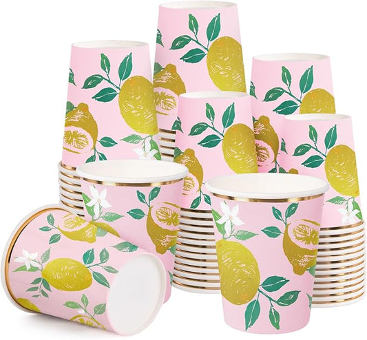 WRAPAHOLIC 50 Pcs Lemon Paper Cups - 9 oz Summer Disposable Cups, Coffee Cups, Hot/Cold Beverage Drinking Cups for Water Juice, Perfect for Home, Office and Party Supplies