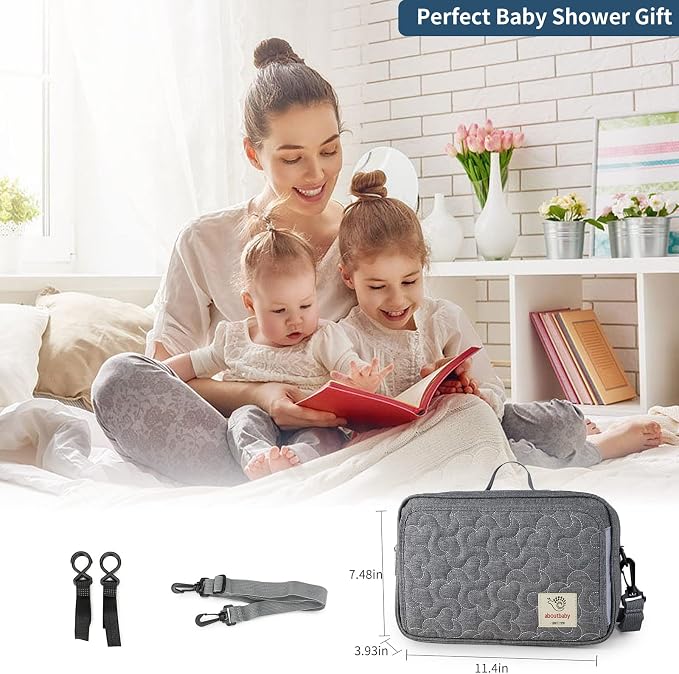 TRENDPLAY Small Diaper Bag Stroller Bag Diaper Organizer Caddy for Diapers with Insulated Pocket, Stroller Straps and Adjustable Shoulder Strap,Universal Fit Most Strollers, Gray