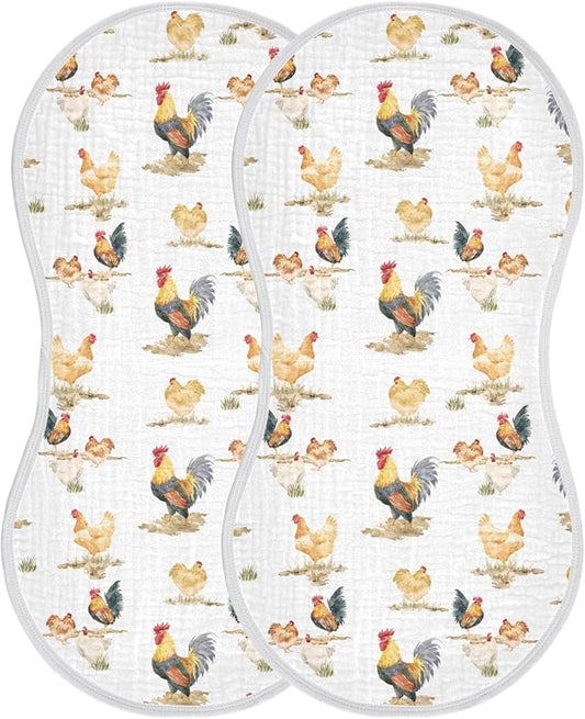 Muslin Burp Cloths for Baby Boys and Girls - 2-Pack Ultra Absorbent Rustic Retro Chickens Rooster Muslin Washcloths, Newborn Towel, Milk Spit Up Rags, Burp Cloth Bibs for Unisex, 22 x 11 Inch