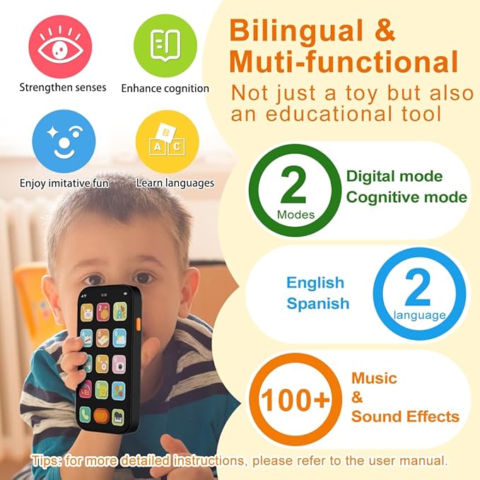 Bilingual Baby Phone Toy Phone for Toddler 1-3, Fun Early Learning Musical Baby Toys for 6-12 Months with Sounds and Light, English/Spanish, Gift for 1 Year Old Boys Girls Kids Infant, Black