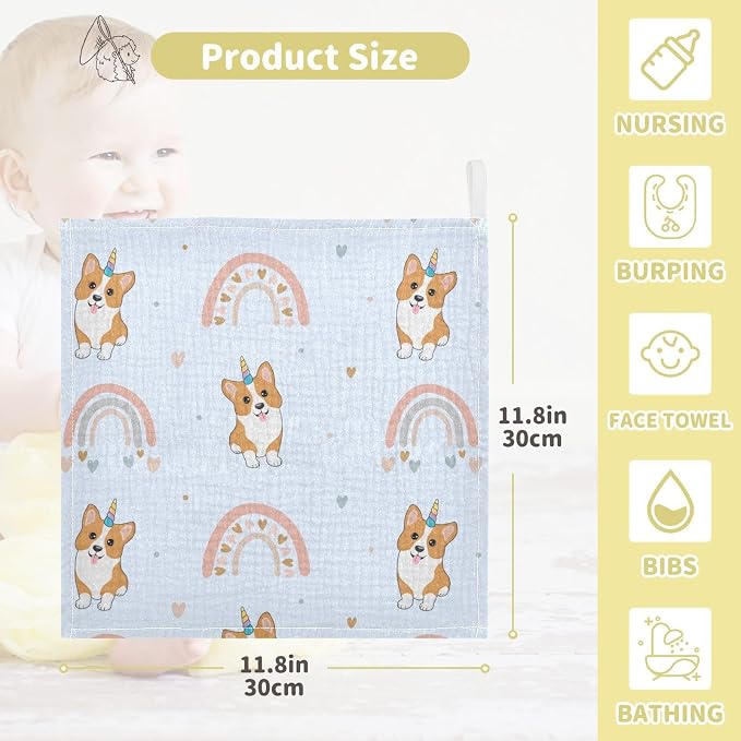 vvfelixl Baby Muslin Washcloths Corgi Hearts Rainbows Baby Burp Cloths Cotton Baby Face Towel for Newborn Infants Boys Girls Soft and Absorbent 11.8 X 11.8 in, 3 Pack