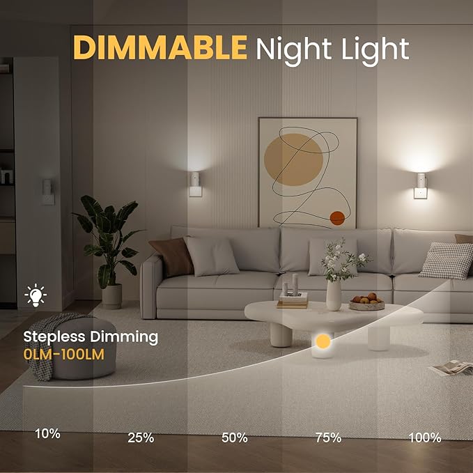 VOLISUN Night Lights Plug into Wall, Dimmable LED Nightlight with Dusk to Dawn Light Sensor, 0-100LM Adjustable Brightness, 3 Color Temperatures, Smaller Plug White 4 Pack for Hallway,Bedroom,Bathroom